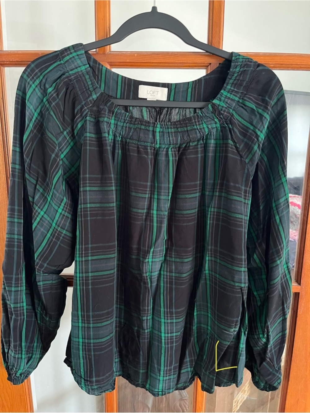 LOFT Navy and Green Plaid Peasant Top